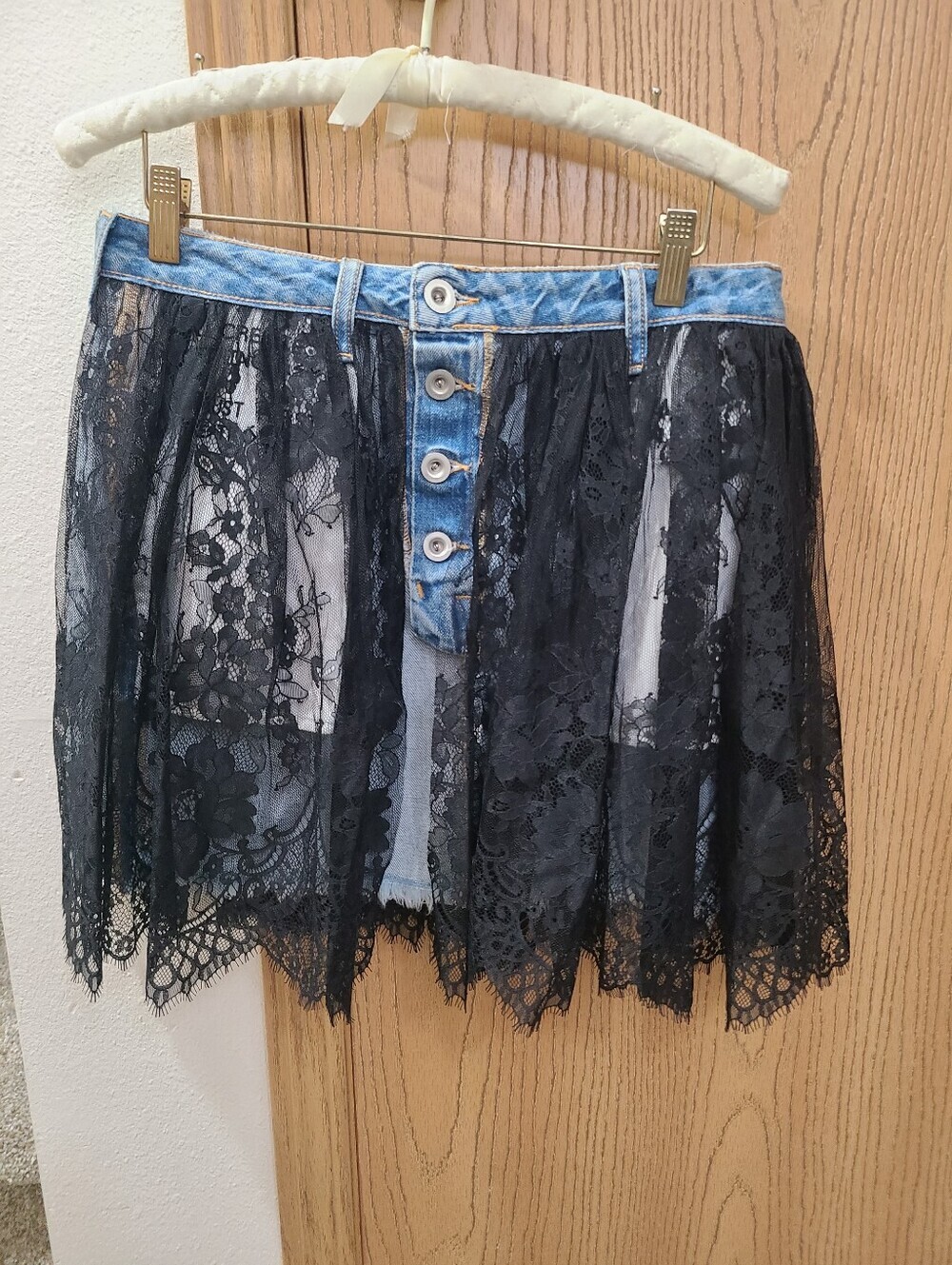 Unravel Project Ben Taverniti Lace Inside Out Frayed Hem Denim Mini Skirt - Picture 2 of 7